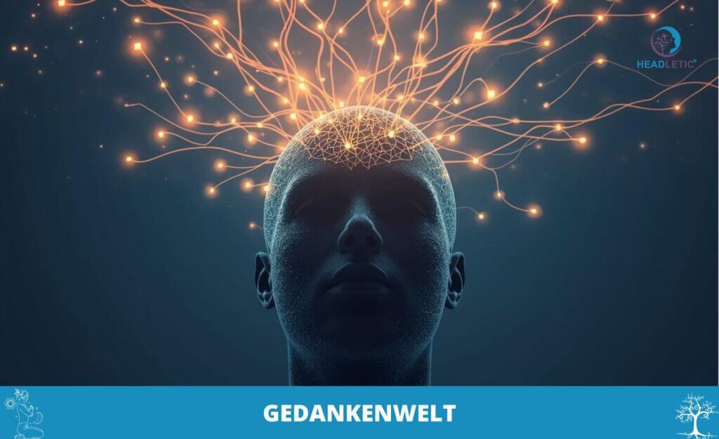 Die Silhouette eines menschlichen Kopfes mit leuchtenden neuronalen Verbindungen, die vom Gehirn ausgehen, symbolisiert bewusste Gedanken oder neuronale Aktivität. Darunter erscheint das Wort "GEDANKENWELT".