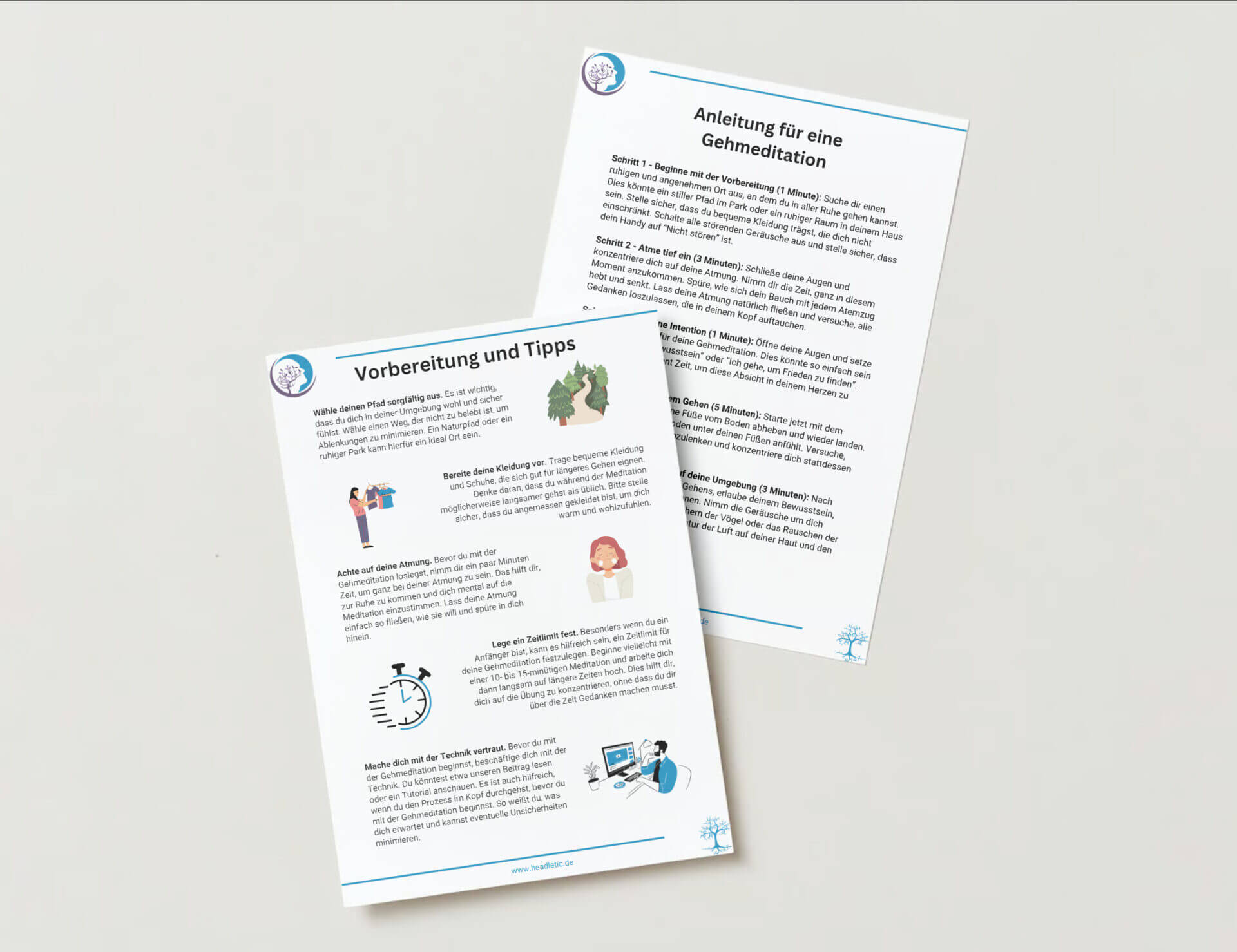 Zwei Broschüren mit Informationen dazu. Gehmeditation - Anleitung PDF zum Ausdrucken - Headletic