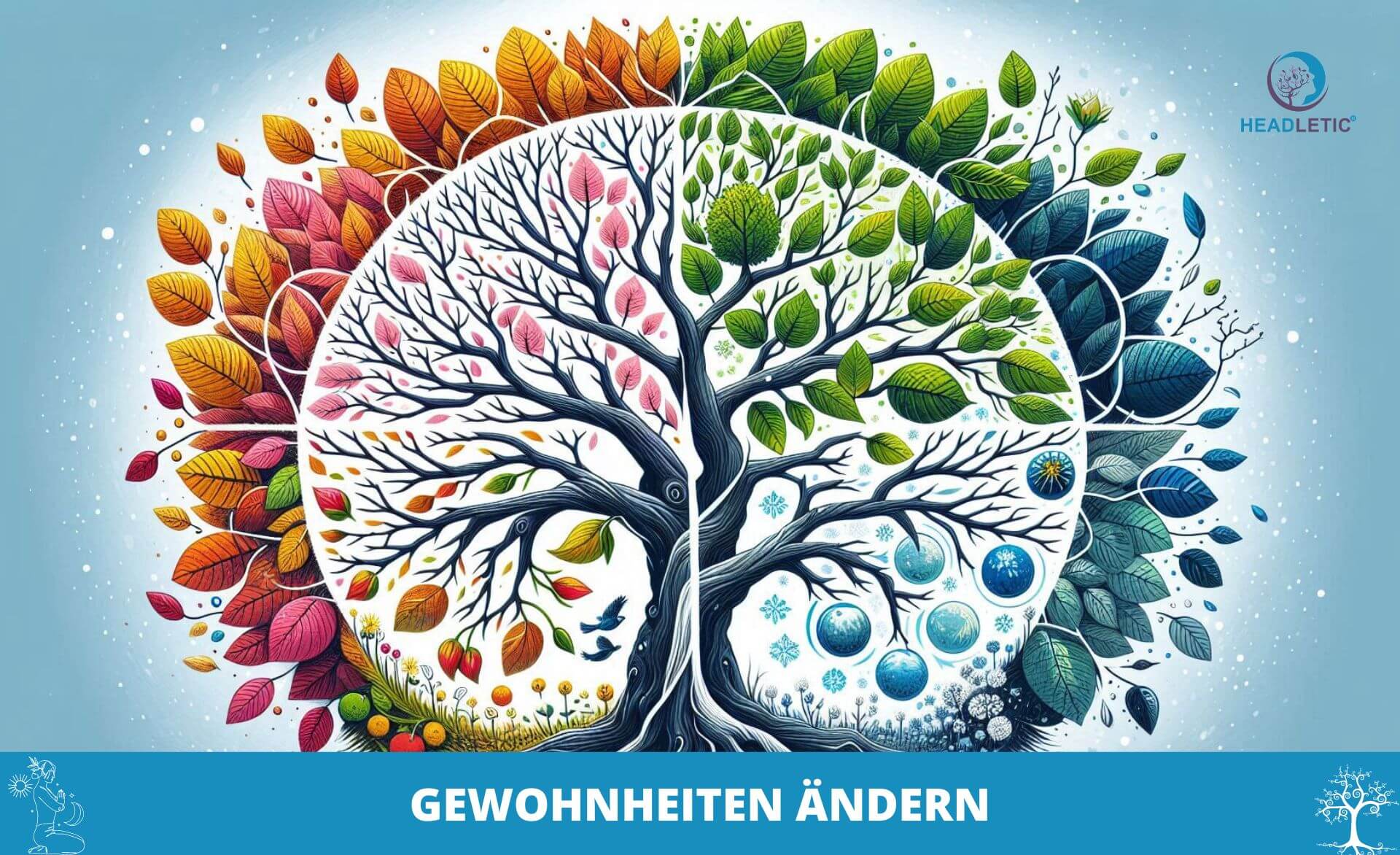 Eine Illustration eines Baums mit vier Blattquadraten, die die Jahreszeiten darstellen. Der Text „GEWOHNHEITEN ÄNDERN“ ist darunter abgedruckt und unterstreicht die Idee „Positiver Gewohnheiten“. In der oberen rechten Ecke befindet sich ein Headletic-Logo.