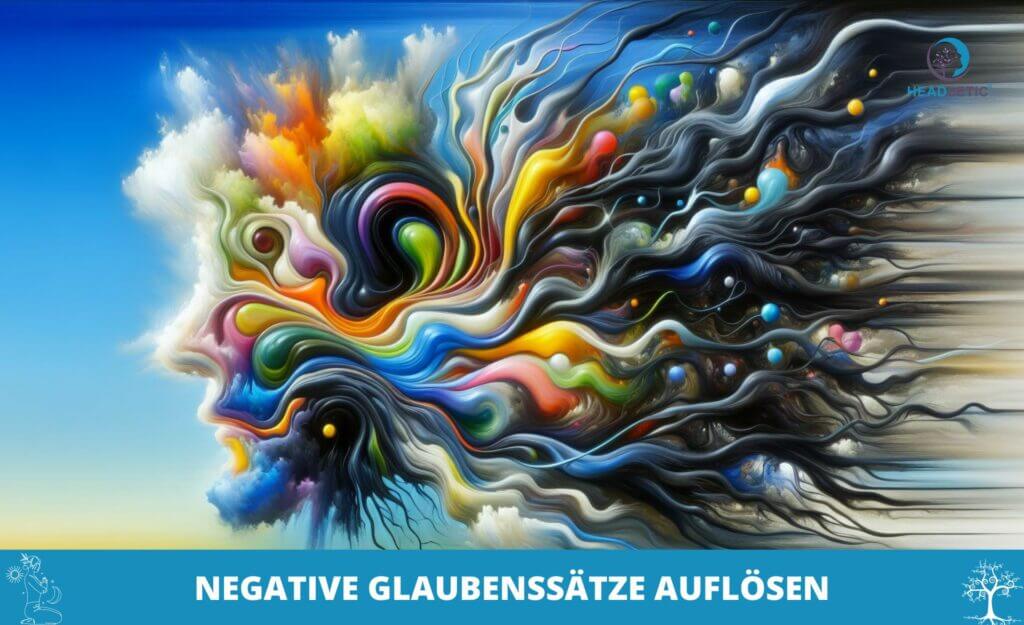 Eine farbenfrohe abstrakte Darstellung eines menschlichen Profils vor einem Himmelshintergrund mit wirbelnden Mustern, neben dem Text „Negative Glaubenssätze Auflösen“ auf einem blauen Banner am unteren Rand.