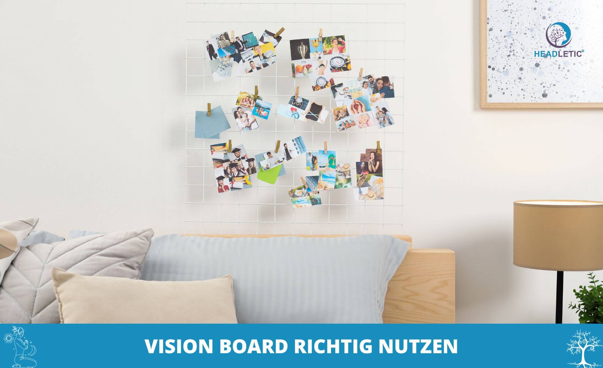 Ein Raum mit einem Bett und einem Vision Board zum Erstellen oder Ändern von Zielen und Bestrebungen.