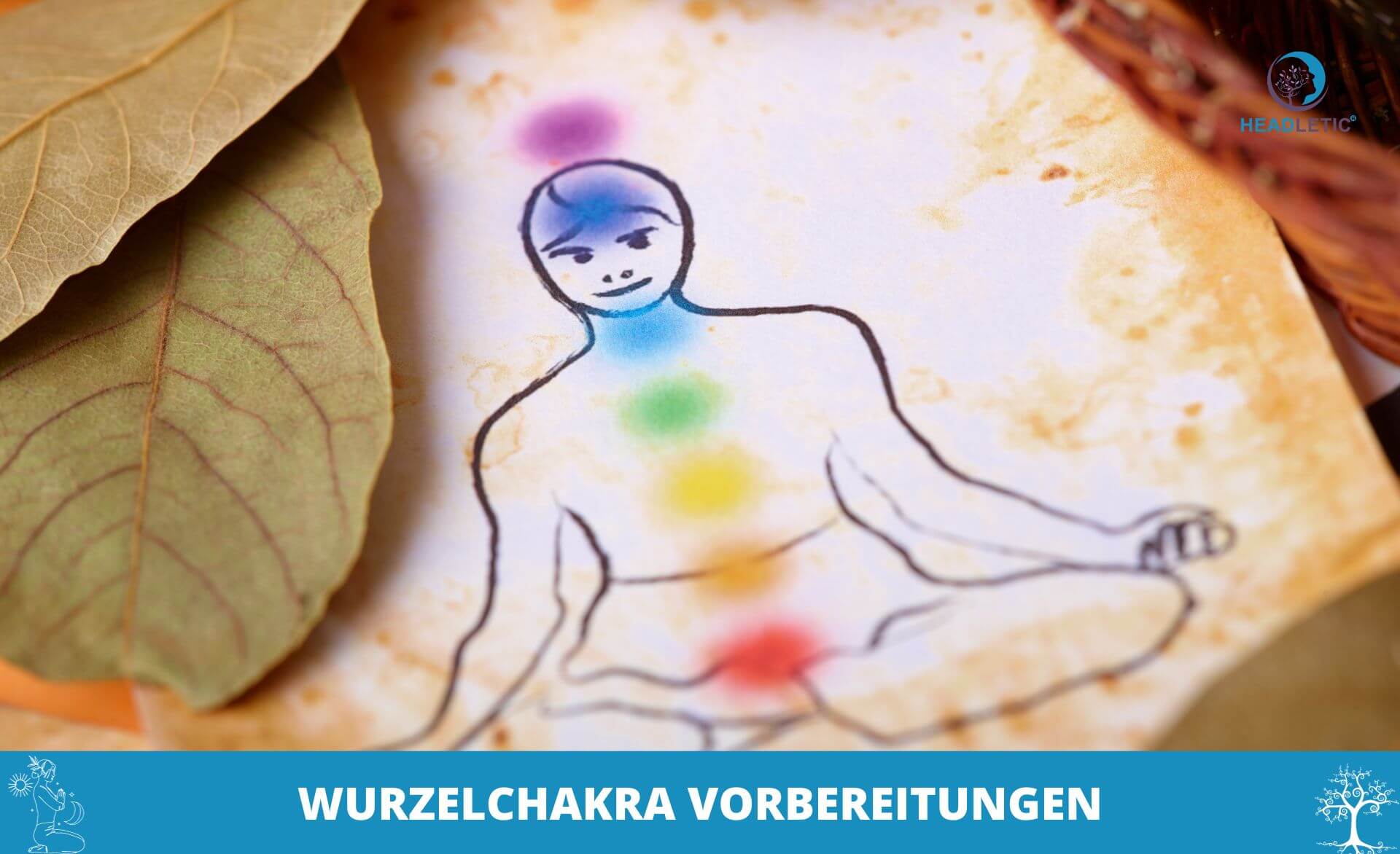 Eine Zeichnung eines Mannes in einer Yoga-Pose mit Blättern um ihn herum, der Wurzelchakra-Meditation praktiziert.