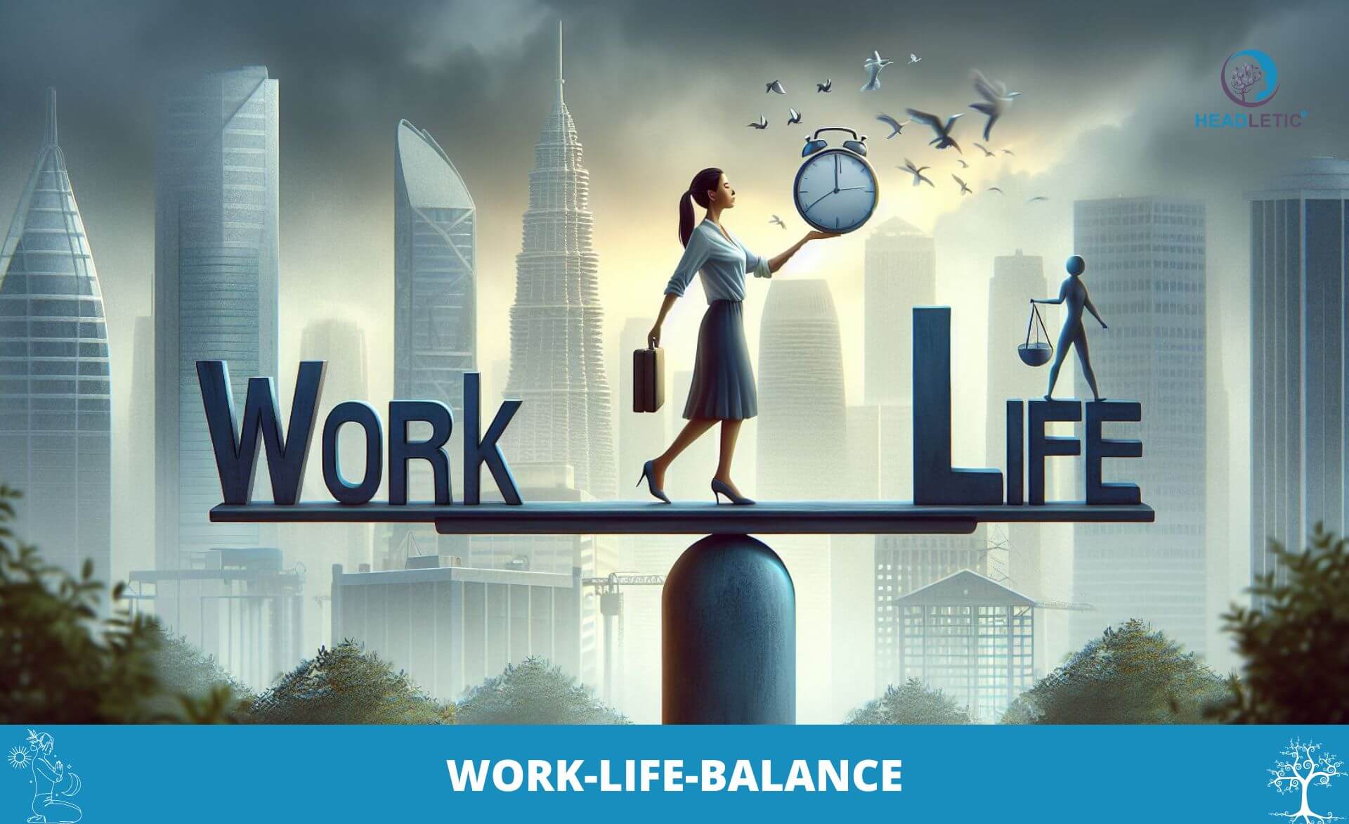 Eine Frau steht auf einer Waage mit der Aufschrift „Work-Life-Balance“.