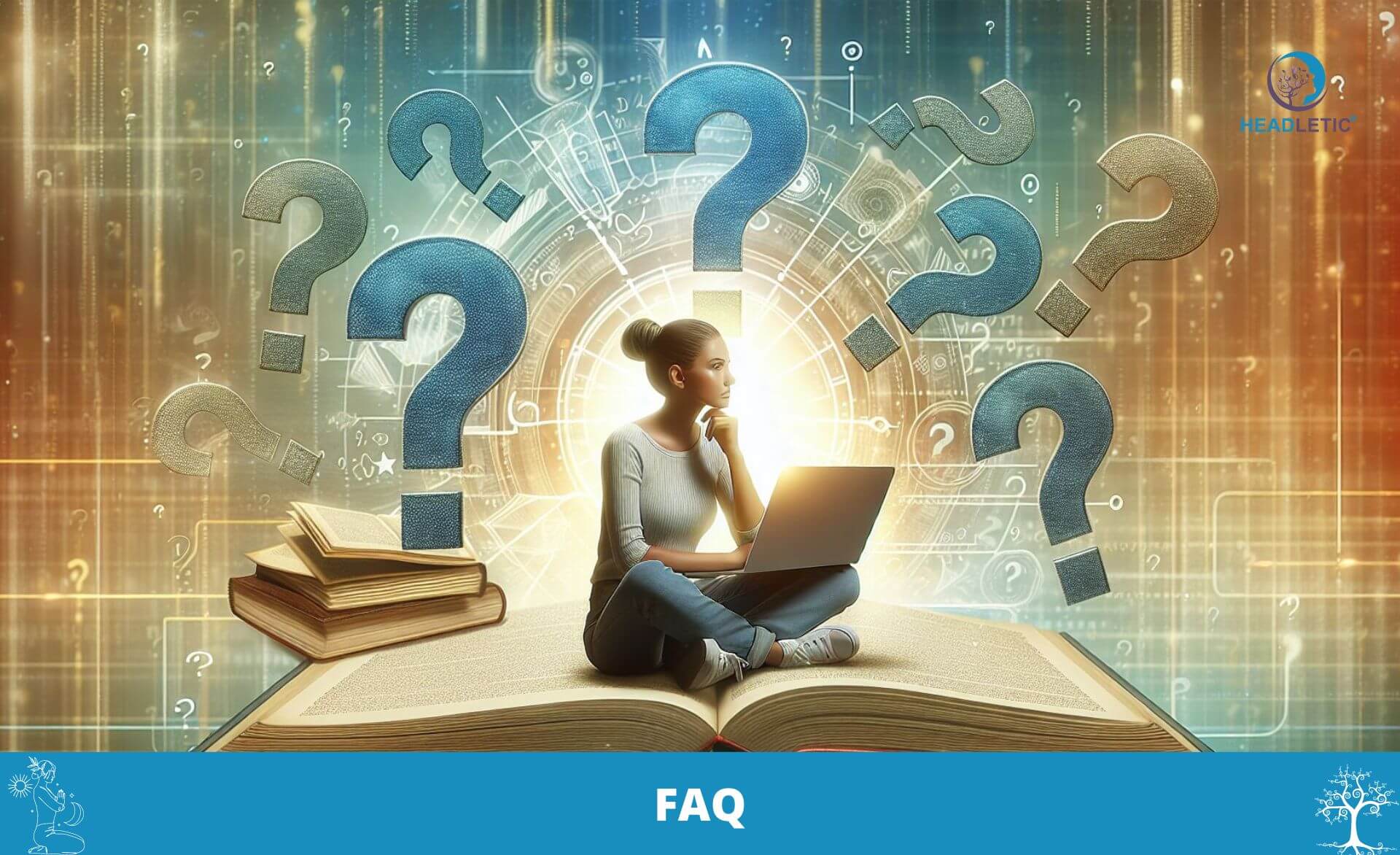 Ein Bild einer Frau, die auf einem Buch mit den Worten „FAQ“ sitzt.