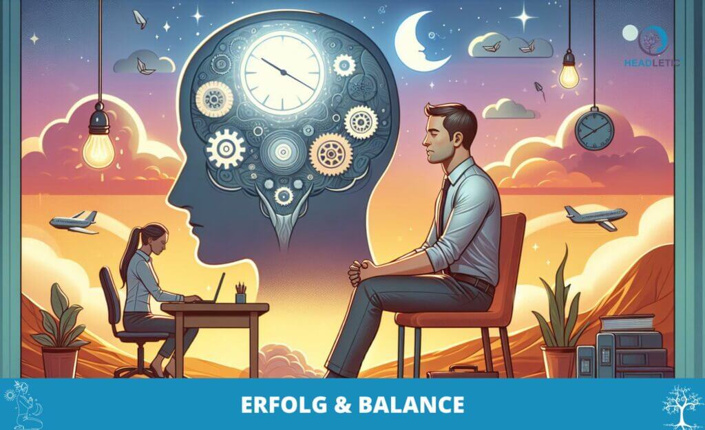 Ein Mann und eine Frau sitzen an einem Schreibtisch mit den Worten Erfolg und Balance.