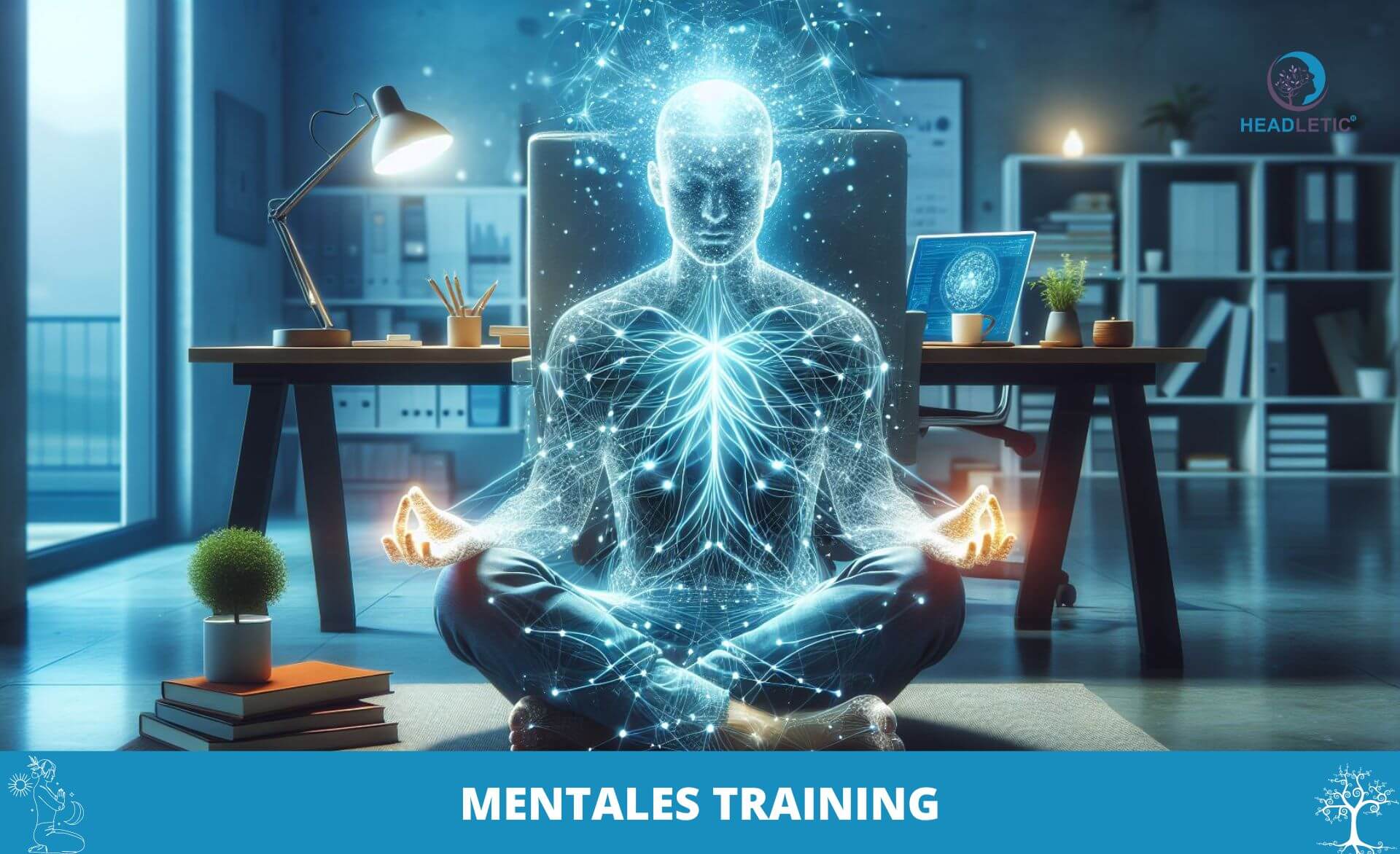 Ein Mann sitzt in Meditation mit den Worten Mentales Training.