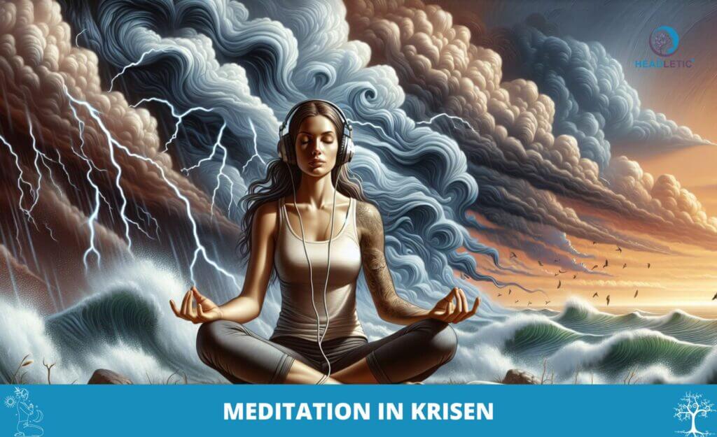 Eine Frau praktiziert Meditation im Lotussitz, singt friedlich mit Kopfhörern.