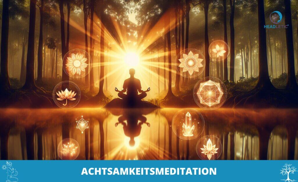 Person, die Achtsamkeitsmeditation in einem ruhigen Wald praktiziert, mit Sonnenlicht, das durch Bäume strömt, sich im Wasser spiegelt, umgeben von leuchtenden Symbolen.