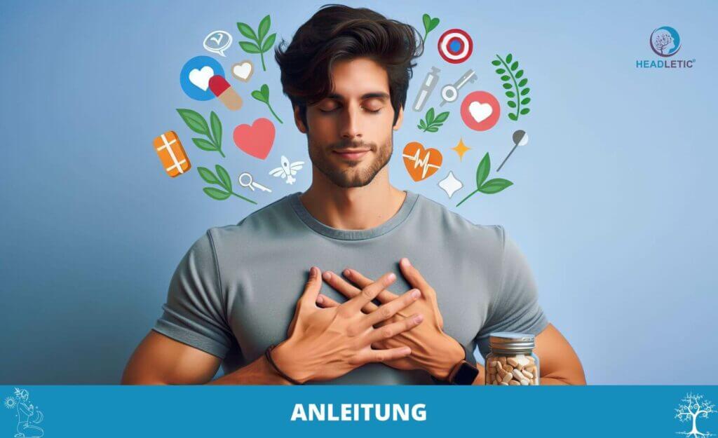 Mann im grauen Hemd, der die Hände zum Herzen hält, mit verschiedenen Gesundheits- und Wellness-Symbolen um den Kopf, umgeben von positiven Affirmationen Gesundheit.