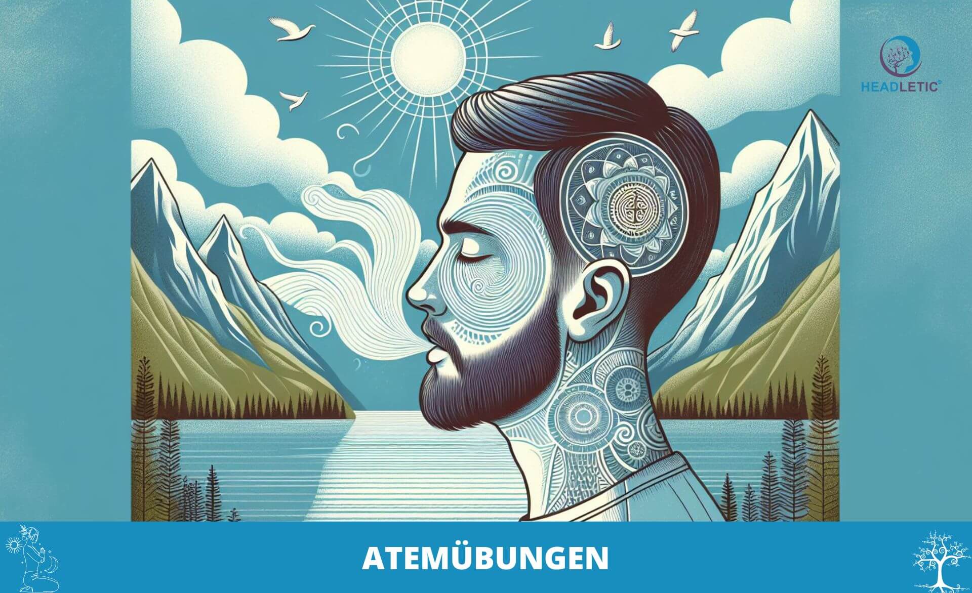 Eine Illustration eines Männerkopfes mit einem Berg im Hintergrund, perfekt für Atemübungen.