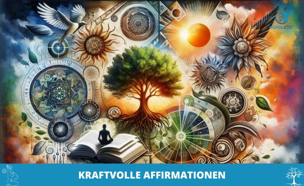 Eine lebendige und symbolische Illustration mit einer Person, die über ein offenes Buch meditiert, umgeben von Elementen, die Zeit, Natur, Himmelskörper und Mystik repräsentieren, mit der Aufschrift „kraftvolle positive Affirmationen“.