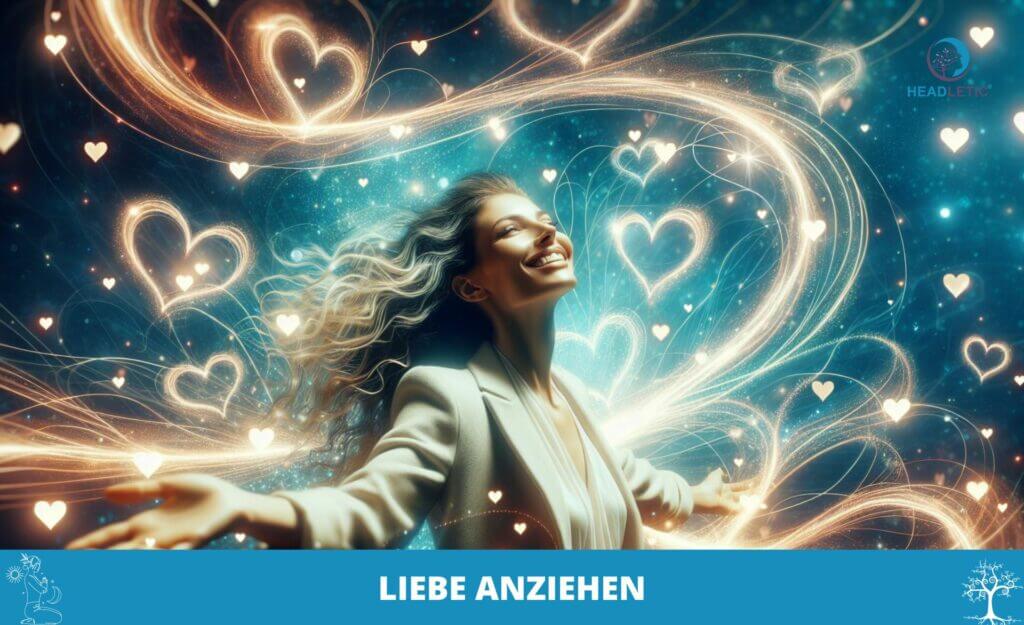 Frau mit ausgestreckten Armen, umgeben von wirbelnden Lichtern und Herzformen, die durch Affirmationen Liebe ein Gefühl von Freude und Anziehung hervorrufen.