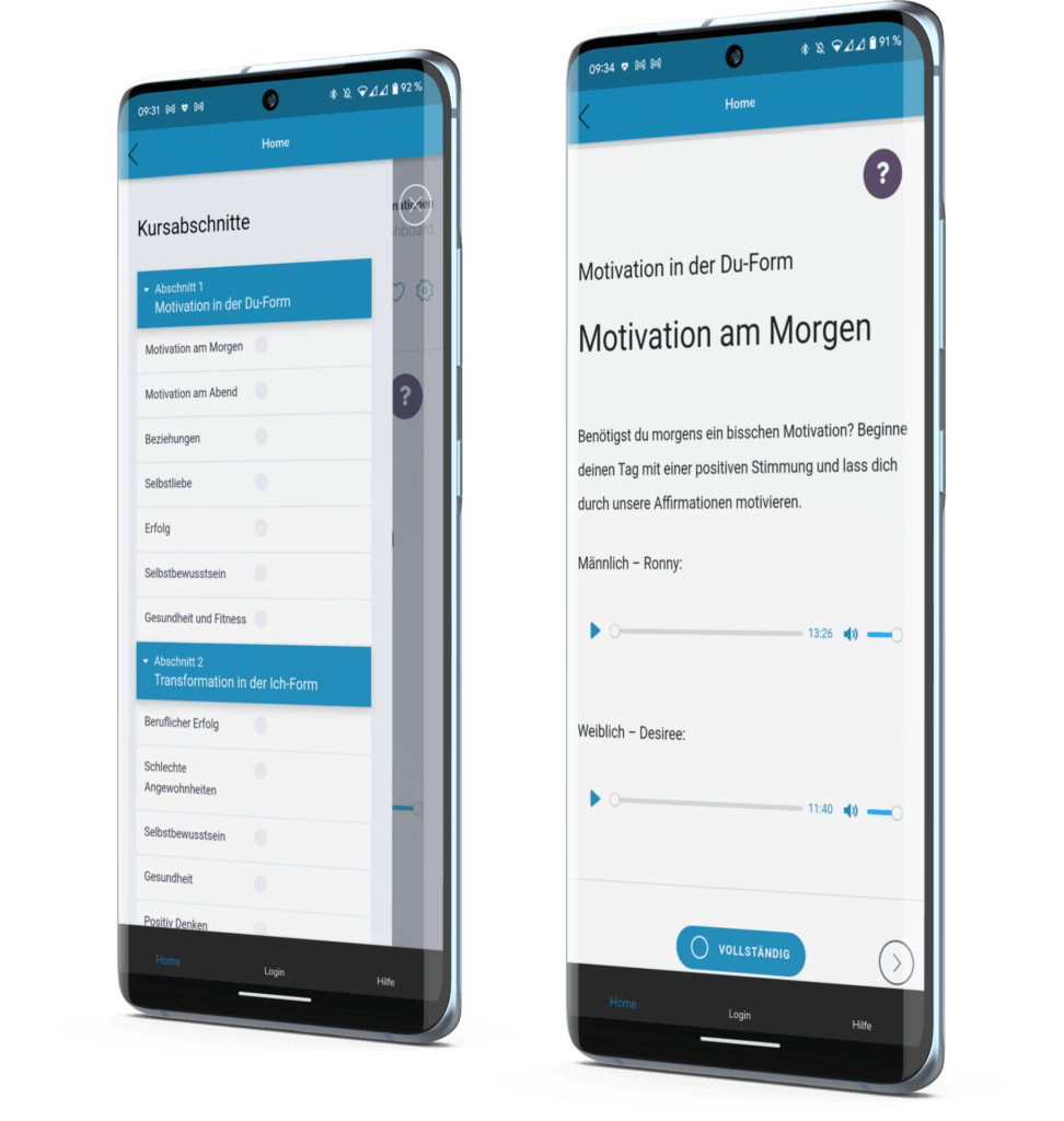 Zwei Smartphones mit der Anzeige der deutschsprachigen Oberfläche einer Fitness- und Motivations-App, auf einem ist ein Menü zu sehen, auf dem anderen tägliche Affirmationen.