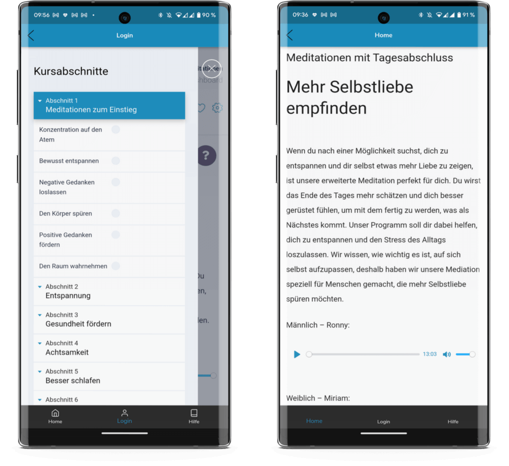 Auf zwei Smartphone-Bildschirmen wird eine deutschsprachige App für psychische Gesundheit angezeigt. Auf einem befindet sich eine Anmeldeseite, auf dem anderen eine Nachricht zum Thema Selbstliebe.