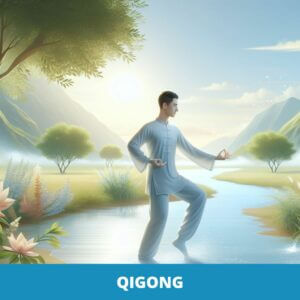 Eine Person praktiziert Qigong-Übungen in einer ruhigen Naturlandschaft mit Bergen, einem Fluss und üppigem Grün im Hintergrund. Das Bild enthält den Text „QIGONG“ und ein Logo in der oberen rechten Ecke.