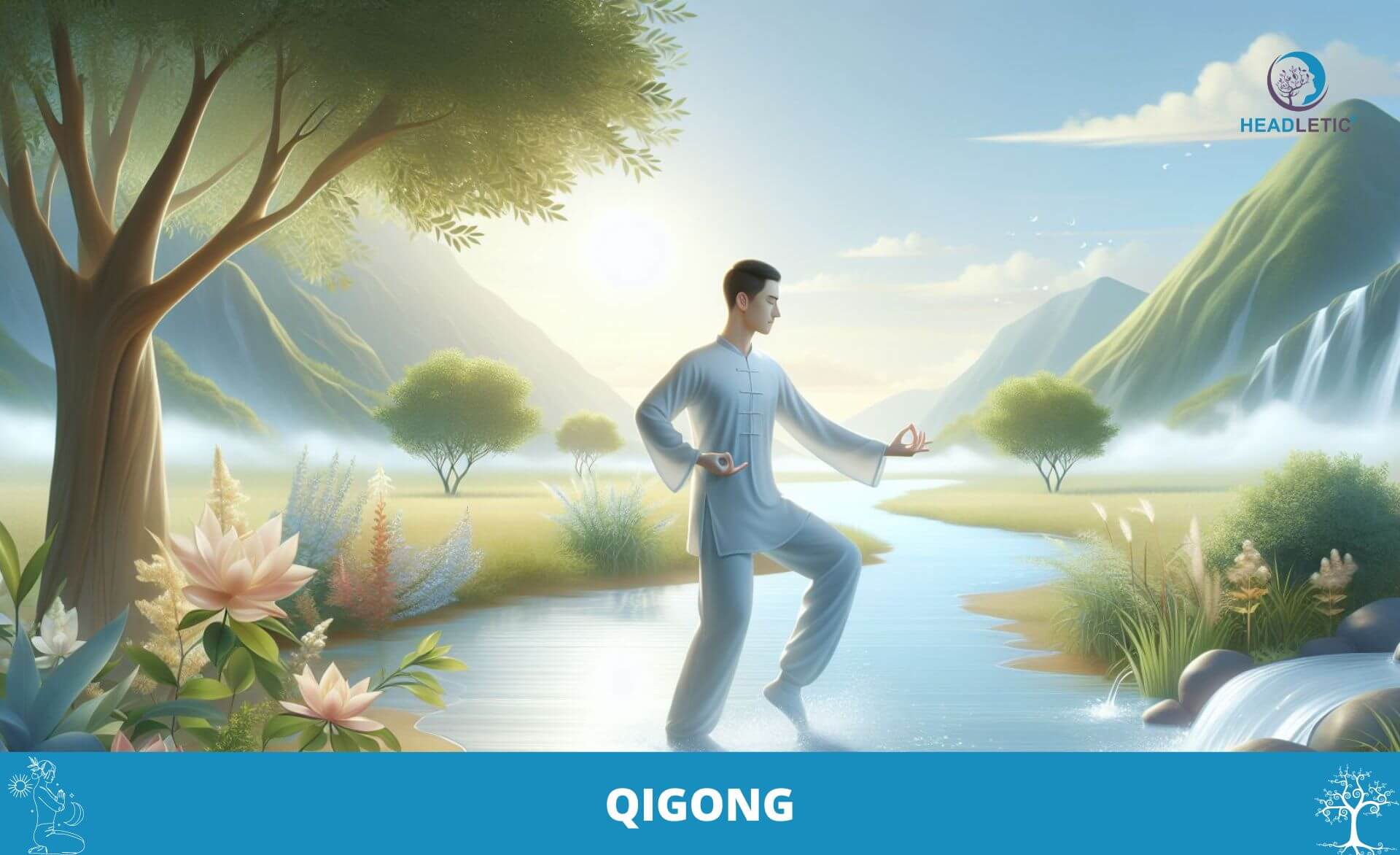 Eine Person praktiziert Qigong-Übungen in einer ruhigen Naturlandschaft mit Bergen, einem Fluss und üppigem Grün im Hintergrund. Das Bild enthält den Text „QIGONG“ und ein Logo in der oberen rechten Ecke.