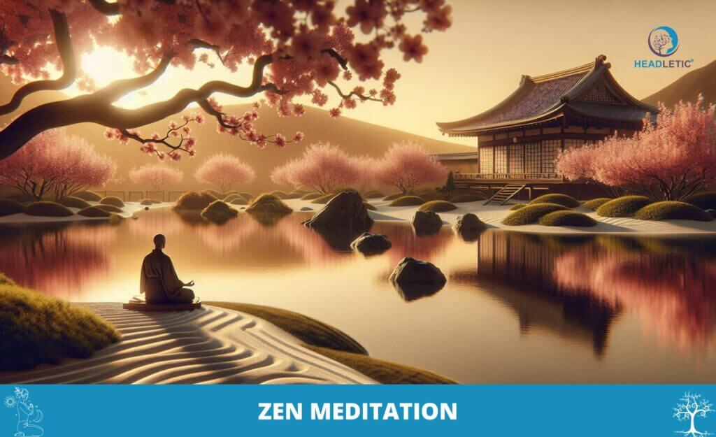 Eine Person sitzt in Zazen-Meditation an einem ruhigen Teich, umgeben von Kirschblüten und einem traditionellen Gebäude. Darunter werden der Text „Zen-Meditation“ und das Logo von „HEADLETIC“ angezeigt.