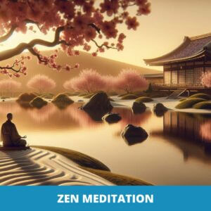 Eine Person sitzt in Zazen-Meditation an einem ruhigen Teich, umgeben von Kirschblüten und einem traditionellen Gebäude. Darunter werden der Text „Zen-Meditation“ und das Logo von „HEADLETIC“ angezeigt.