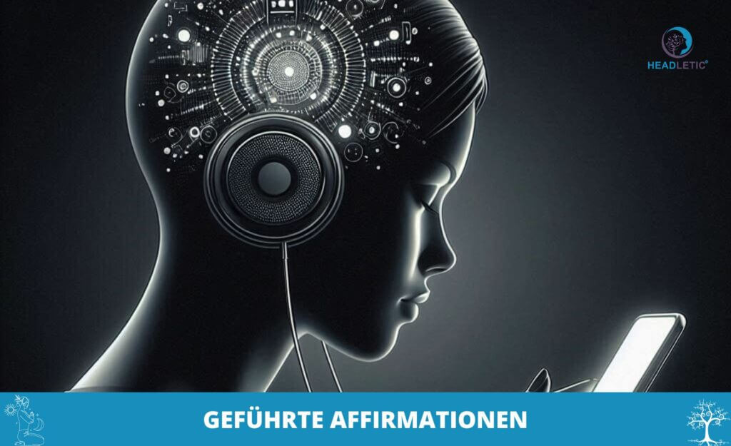 Eine Person mit einer digitalen Überlagerung auf dem Kopf hört über Kopfhörer Musik und schaut dabei auf ein Smartphone. Der Text darunter lautet „GEFÜHRTE AFFIRMATIONEN“.