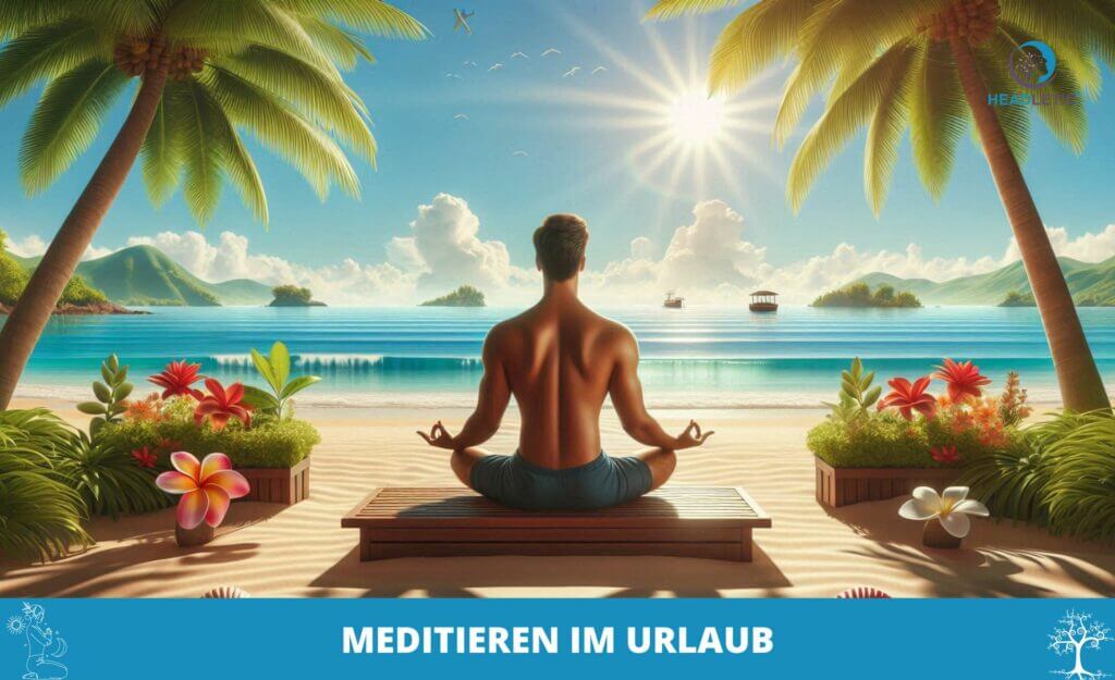 Eine Person sitzt im Schneidersitz in Meditationshaltung auf einer Holzplattform und blickt auf einen ruhigen Ozean mit Inseln in der Ferne, umgeben von tropischen Pflanzen und Blumen. Der Text lautet: „Meditieren im Urlaub – Finden Sie Frieden im Paradies.“