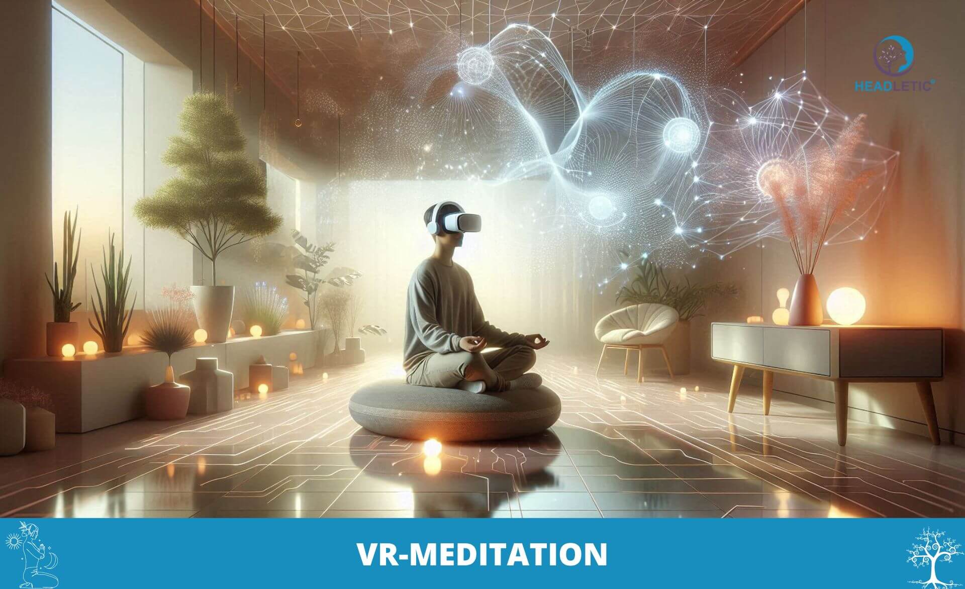Eine Person mit einem VR-Headset meditiert in einem futuristischen, ruhigen Raum mit holografischen Elementen und verkörpert damit die Essenz der VR-Meditation. Das Bild trägt unten die Beschriftung „VR-Meditation“.