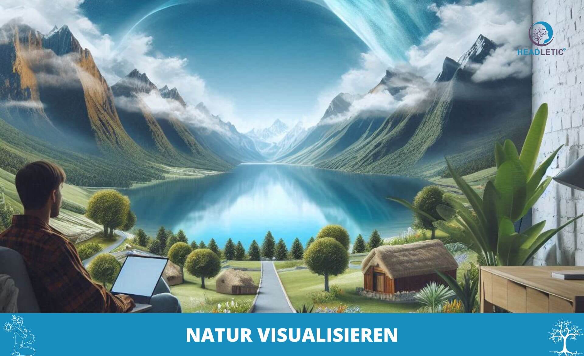 Eine Person sitzt mit einem Laptop vor einem großen Wandgemälde oder Fenster, das eine malerische Landschaft mit einem See, Bergen und kleinen Häusern zeigt. Der Text unten lautet „NATUR VISUALISIEREN.