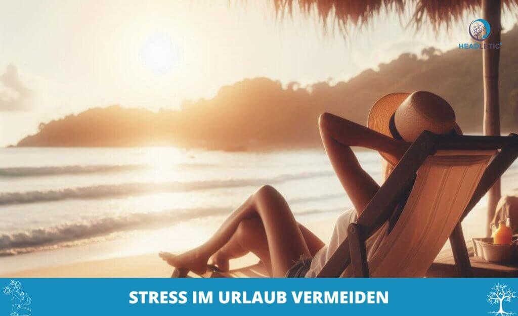 Person, die auf einem Strandstuhl entspannt und bei Sonnenuntergang auf das Meer blickt. Unten steht der Text „Stress im Urlaub vermeiden“ auf Deutsch.