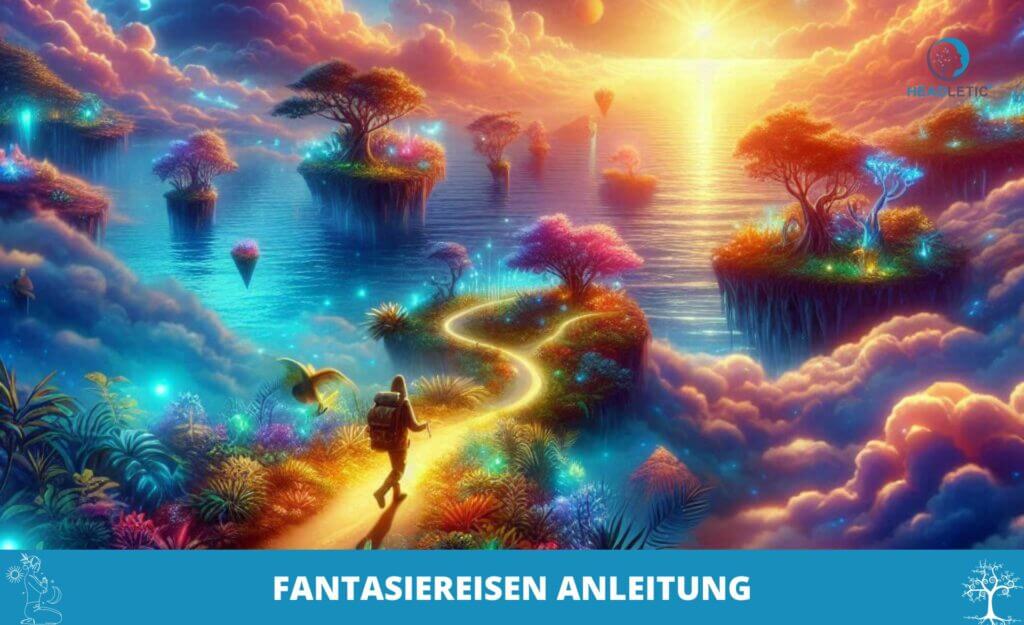 Eine Person geht auf einem leuchtenden Pfad durch eine surreale Fantasielandschaft mit schwebenden Inseln, leuchtenden Bäumen und einem strahlenden Sonnenaufgang. Der Text unten lautet „FANTASIEREISEN ANLEITUNG“, während sie sich auf ihre geführte Fantasiereise begibt.