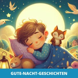 Ein Kind schläft friedlich im Freien mit einem Fuchs und einem Hund unter einem Sternenhimmel. Ein leuchtender Mond, Vögel und ein Dorf bilden eine ruhige Kulisse. Der Text unten lautet „Gute Nacht Geschichten Kinder“.