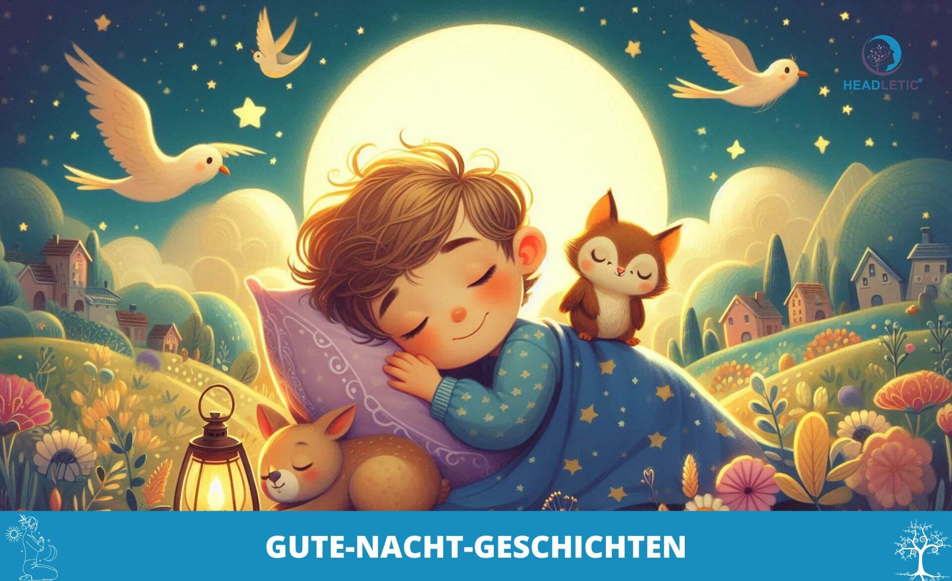 Ein Kind schläft friedlich im Freien mit einem Fuchs und einem Hund unter einem Sternenhimmel. Ein leuchtender Mond, Vögel und ein Dorf bilden eine ruhige Kulisse. Der Text unten lautet „Gute Nacht Geschichten Kinder“.