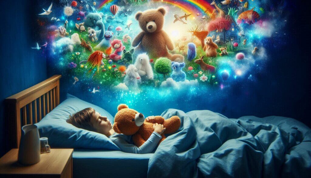 Ein Kind schläft im Bett und hält einen Teddybären. Darüber ist eine traumhafte Szene mit bunten Spielzeugen, Tieren und einem Regenbogen zu sehen.