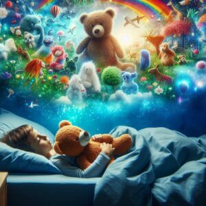 Ein Kind schläft im Bett und hält einen Teddybären. Darüber ist eine traumhafte Szene mit bunten Spielzeugen, Tieren und einem Regenbogen zu sehen.