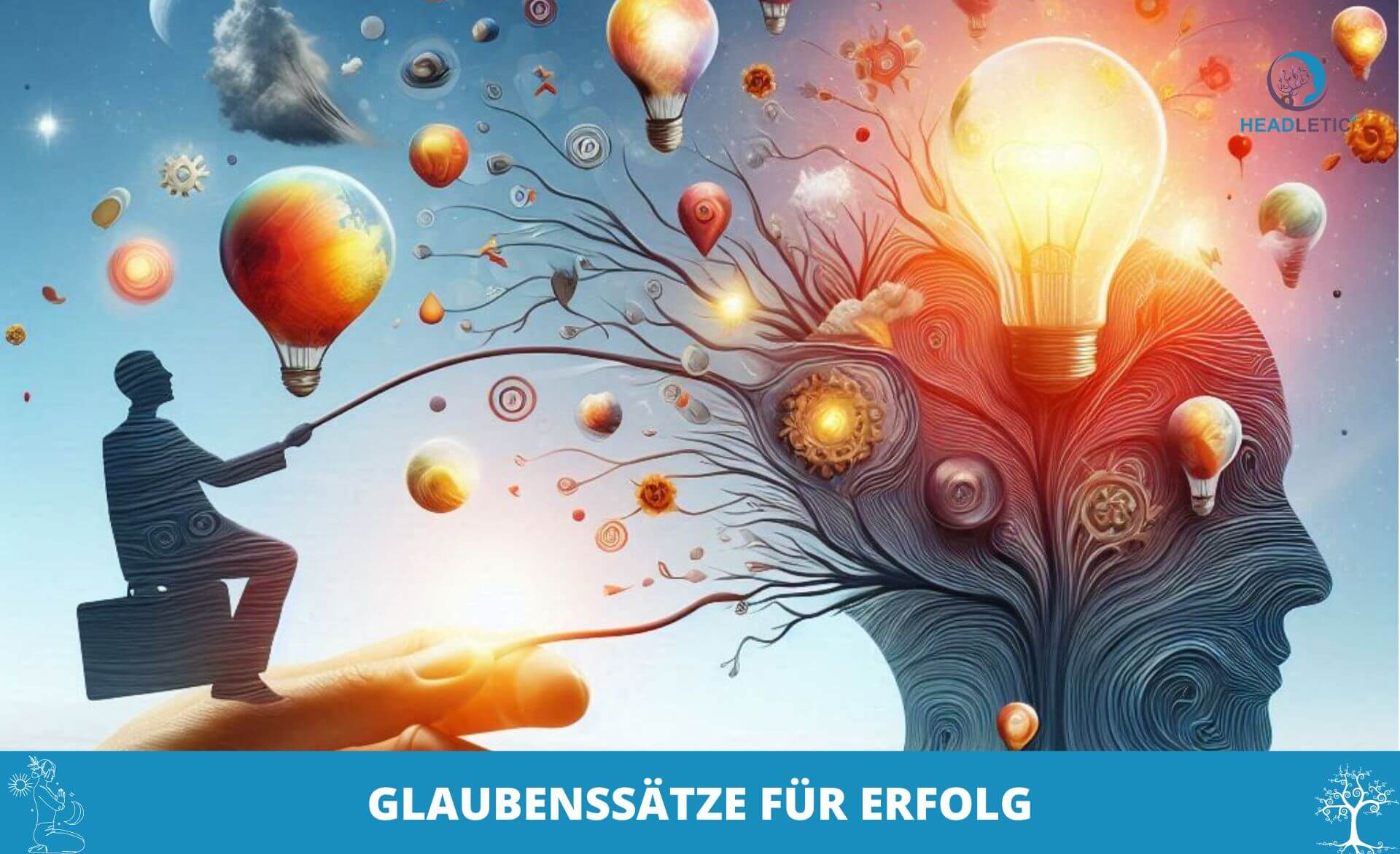 Ein surreales Bild eines menschlichen Kopfes mit Zweigen und Glühbirnen, das Kreativität und Ideen symbolisiert. Der Text unten lautet „Glaubenssätze für Erfolg“.