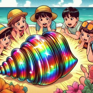 Illustration von Kindern an einem Strand, die eine große, bunte, leuchtende Muschel umringen. Die Kinder wirken überrascht und tragen Sommerhüte mit Blumen im Vordergrund.