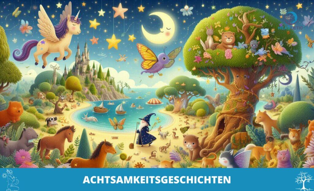 Eine skurrile Illustration einer Fantasielandschaft mit einem Zauberer, Tieren, einem fliegenden Einhorn, einem Schloss und einem Baumhaus unter einem Sternenhimmel. Der deutsche Text unten lautet „Achtsamkeitsgeschichten für Kinder“ und lädt junge Leute ein, achtsame Geschichten zu erkunden.