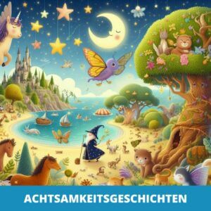 Eine skurrile Illustration einer Fantasielandschaft mit einem Zauberer, Tieren, einem fliegenden Einhorn, einem Schloss und einem Baumhaus unter einem Sternenhimmel. Der deutsche Text unten lautet „Achtsamkeitsgeschichten für Kinder“ und lädt junge Leute ein, achtsame Geschichten zu erkunden.