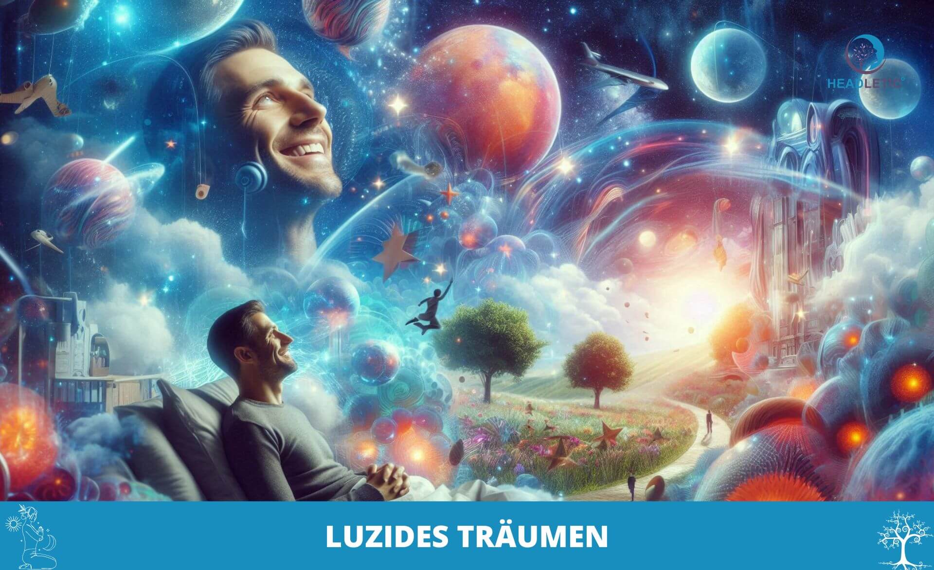 Eine Person liegt im Bett und träumt klar, umgeben von einer lebendigen und surrealen kosmischen Landschaft mit Planeten, Sternen und schwebenden Bildern. Die Bildunterschrift lautet „Luzides Träumen“.