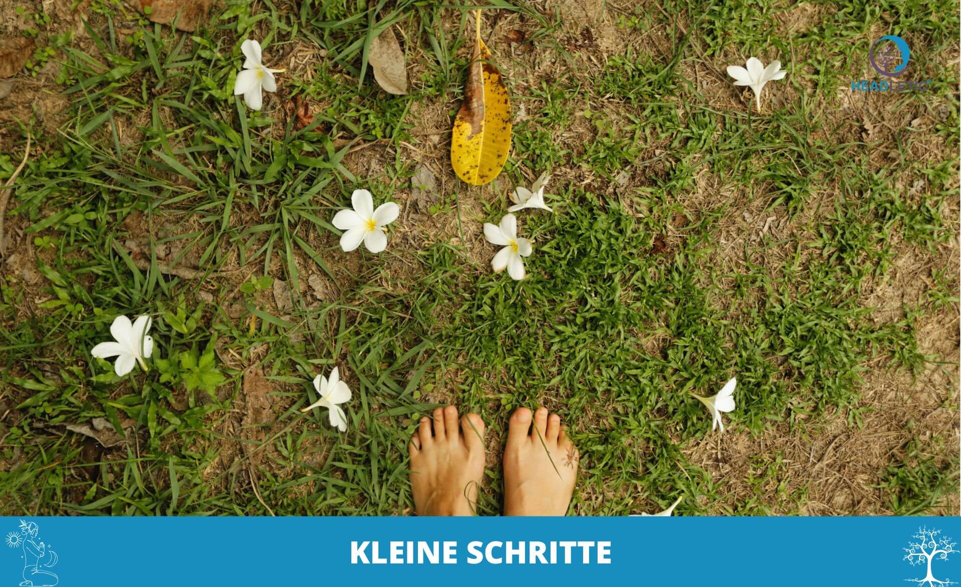 Nackte Füße stehen im Gras neben verstreuten weißen Blumen und einem gelben Blatt und fangen einen Moment der Stille ein. Am unteren Rand steht "KLEINE SCHRITTE" und erinnert uns daran, dass auch bei Angst vor Veränderung kleine Schritte zu Wachstum führen können.