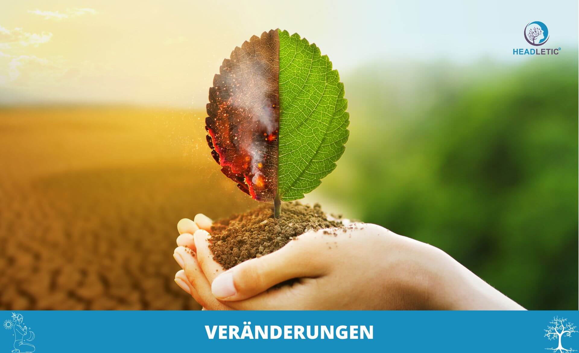 Eine Hand hält Erde mit einem Blatt, halb grün und gesund, halb verbrannt; der Hintergrund zeigt links karges Land und rechts Grün. Der Text am unteren Rand lautet "VERÄNDERUNGEN" - ein Bild für die Angst vor Veränderung und neuen Chancen.