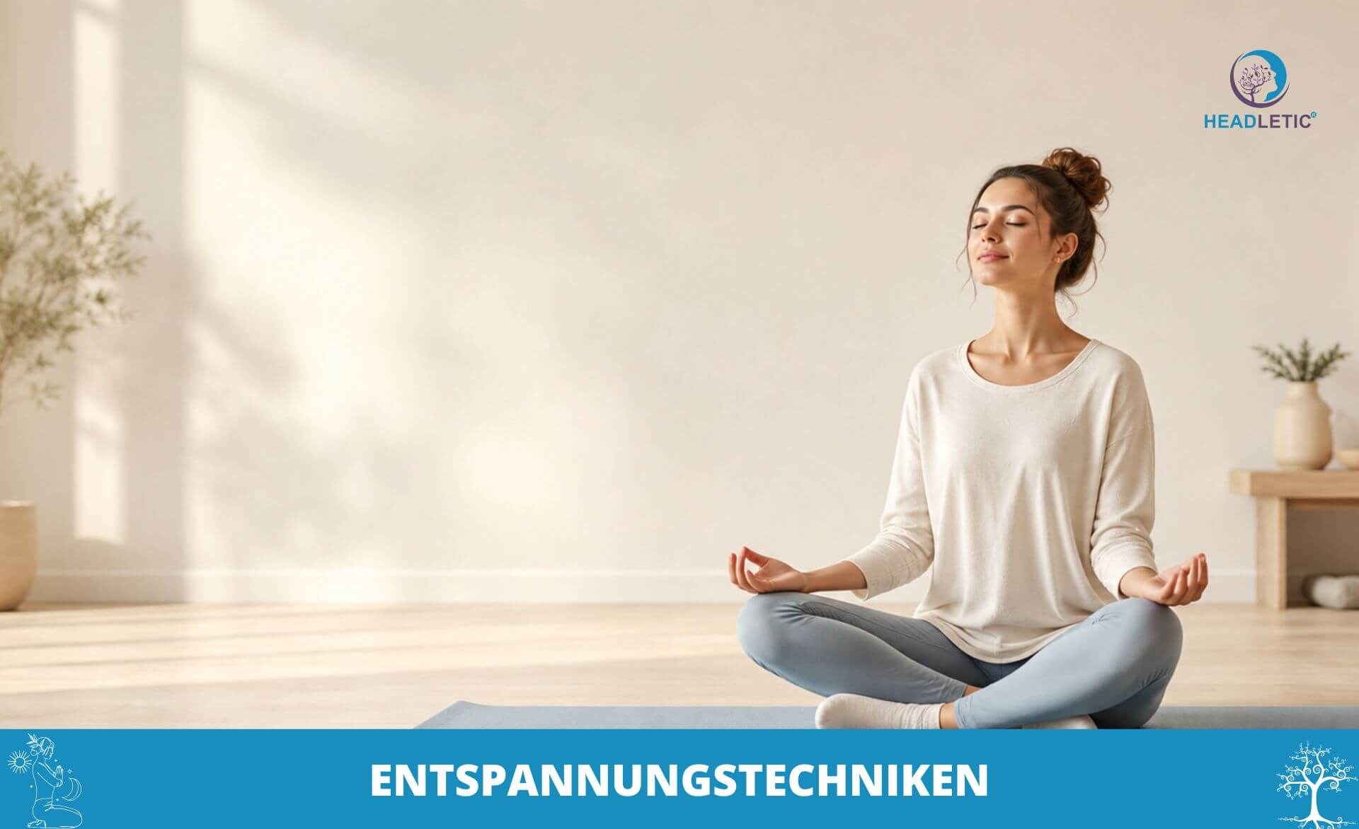 Eine Frau sitzt mit gekreuzten Beinen auf einer Yogamatte in einem hellen Raum, die Augen geschlossen und die Hände auf den Knien, und übt sich in Entspannung. Der Text unten lautet: „ENTSPANNUNGSTECHNIKEN – Meditation für Einsteiger leicht gemacht.“.
