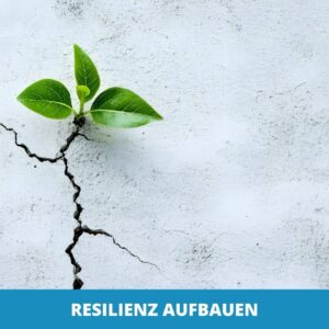 Eine kleine grüne Pflanze wächst aus einem Riss in einer Betonoberfläche und symbolisiert, wie man Resilienz aufbauen kann. Das Bild enthält das Headletic-Logo und den Text "RESILIENZ AUFBAUEN" auf einem blauen Banner am unteren Rand.