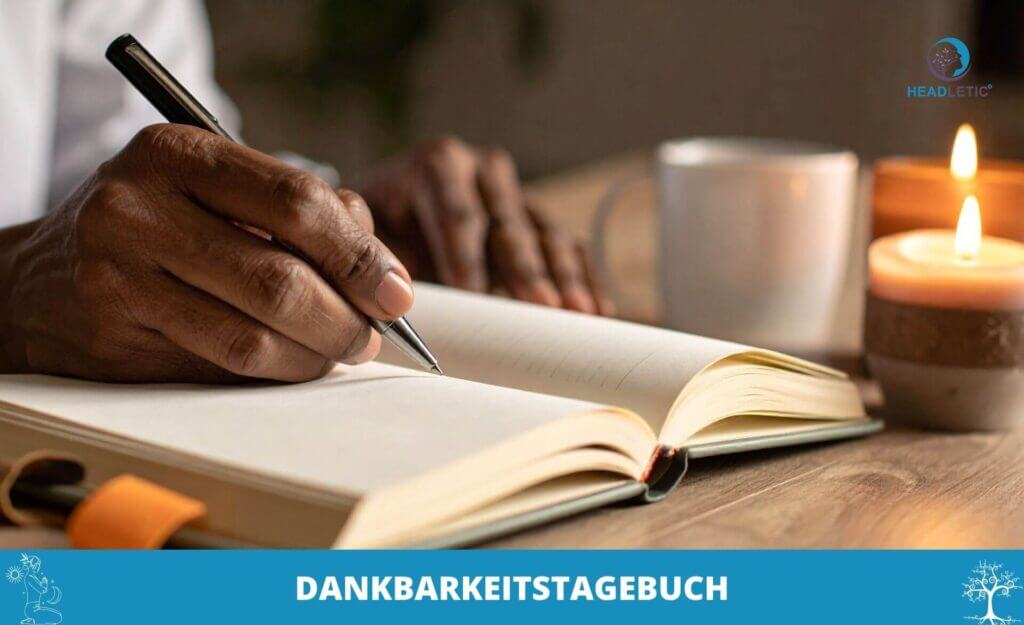 Eine Person schreibt in ein aufgeschlagenes Notizbuch neben einer Tasse und brennenden Kerzen, die das friedliche Ritual symbolisieren, während der Text "DANKBARKEITSTAGEBUCH" dazu einlädt, ein Dankbarkeitstagebuch zu führen.