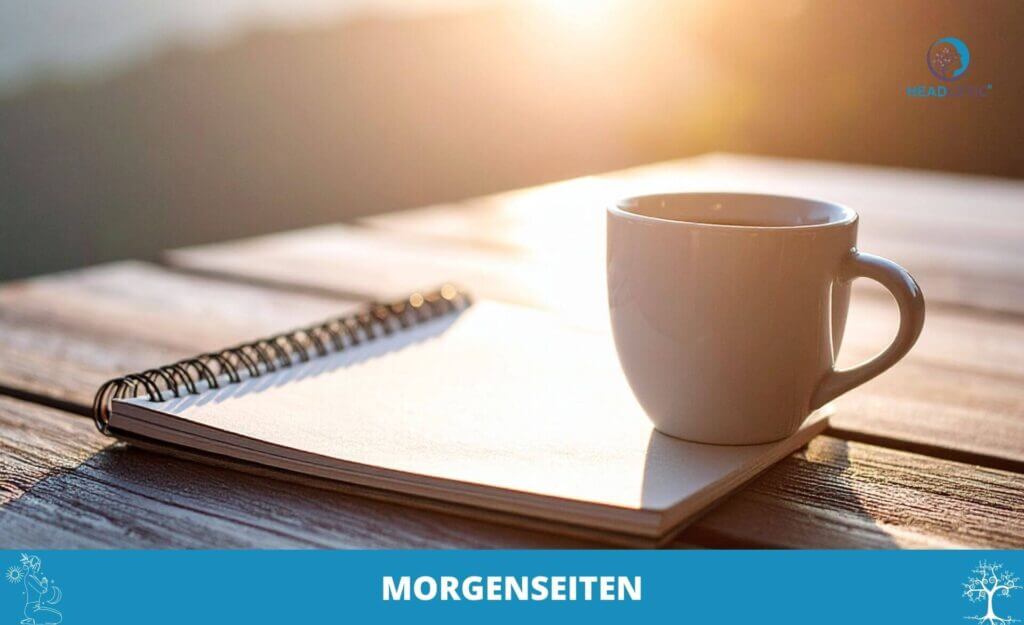 Ein weißer Kaffeebecher und ein Spiralnotizbuch liegen auf einem Holztisch im Freien im Sonnenlicht - perfekt für Morgenseiten schreiben. Das Wort "MORGENSEITEN" ist in weißer Schrift auf einem blauen Banner am unteren Rand zu lesen.