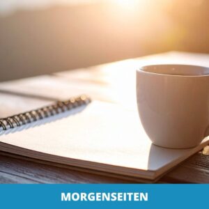 Ein weißer Kaffeebecher und ein Spiralnotizbuch liegen auf einem Holztisch im Freien im Sonnenlicht - perfekt für Morgenseiten schreiben. Das Wort "MORGENSEITEN" ist in weißer Schrift auf einem blauen Banner am unteren Rand zu lesen.