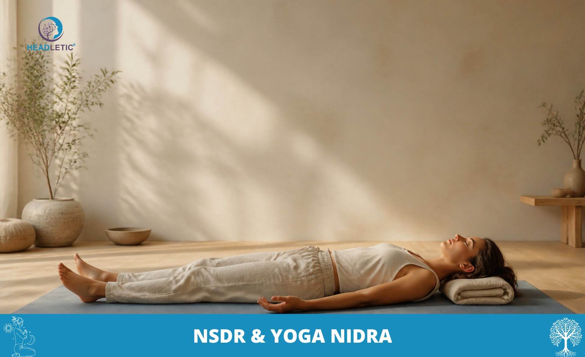 Eine Frau liegt entspannt auf dem Rücken auf einer Yogamatte und praktiziert NSDR; im Hintergrund ist ein schlicht eingerichteter Raum mit Tageslicht und Pflanzen zu sehen, am unteren Bildrand steht der Schriftzug „NSDR & Yoga Nidra“.