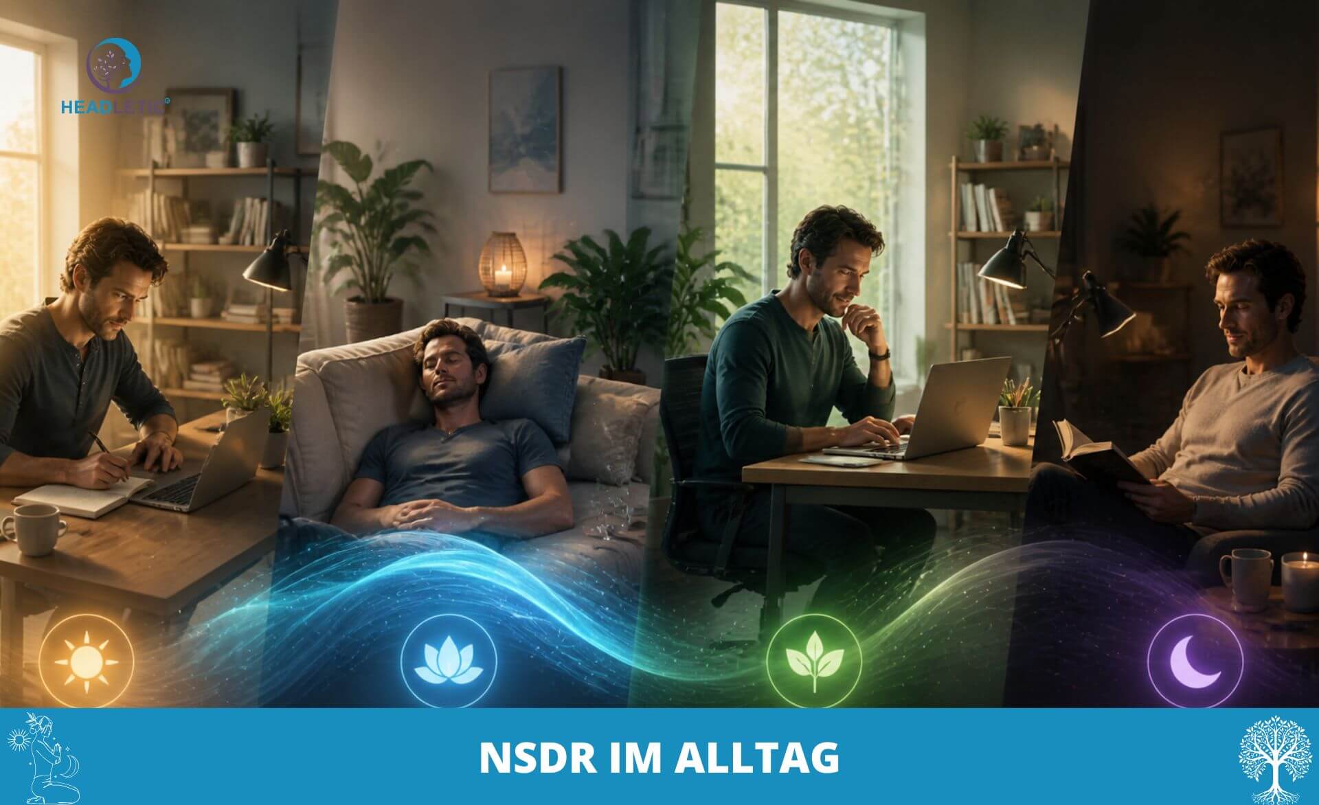 Ein Mann ist in vier Szenen zu sehen: bei der Arbeit, beim Ausruhen auf einer Couch, beim NSDR-Training, während er konzentriert an einem Laptop sitzt, und beim Lesen in einem Sessel. Am unteren Bildrand steht „NSDR IM ALLTAG“.