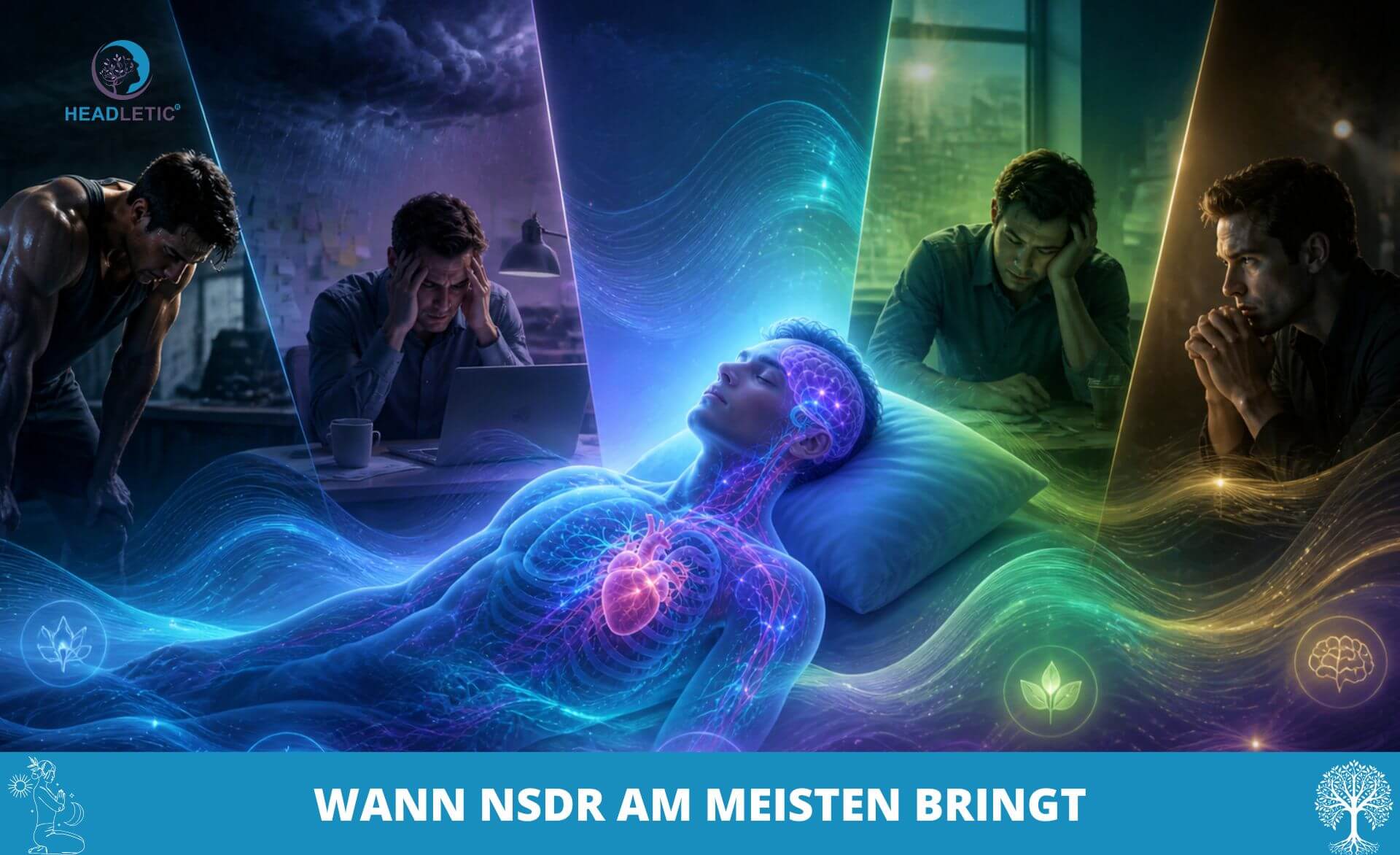Eine digitale Illustration zeigt einen Mann, der gestresst ist, arbeitet und sich anschließend in einem strahlenden, meditativen NSDR-Zustand entspannt, mit dem Text „WANN NSDR AM MEISTEN BRINGT“ am unteren Rand.