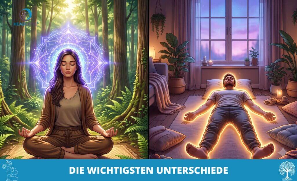 Geteiltes Bild: Links meditiert eine Frau in einem Wald, umgeben von leuchtender Energie. Rechts liegt ein Mann auf dem Boden in einem gemütlichen Raum mit leuchtendem Umriss. Der deutsche Text lautet: „DIE WICHTIGSTEN UNTERSCHIEDE.“ Das Bild veranschaulicht den Unterschied zwischen klassischer Meditation und NSDR-Meditation.