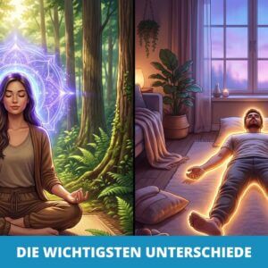 Geteiltes Bild: Links meditiert eine Frau in einem Wald, umgeben von leuchtender Energie. Rechts liegt ein Mann auf dem Boden in einem gemütlichen Raum mit leuchtendem Umriss. Der deutsche Text lautet: „DIE WICHTIGSTEN UNTERSCHIEDE.“ Das Bild veranschaulicht den Unterschied zwischen klassischer Meditation und NSDR-Meditation.