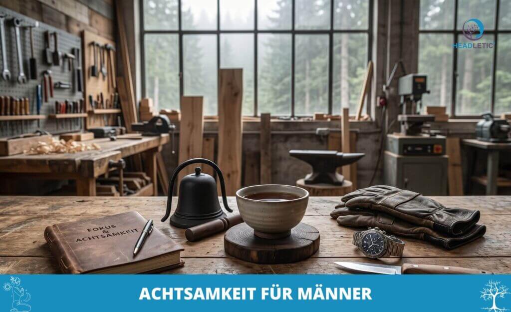 Eine hölzerne Werkbank in einer Werkstatt mit einem Notizbuch, einer Glocke, Tee, Handschuhen und einer Uhr; im Hintergrund sind Werkzeuge und Holz zu sehen. Der Text lautet "Achtsamkeit für Männer" - eine Anregung zur Achtsamkeit der Männer in ihrem Alltag.
